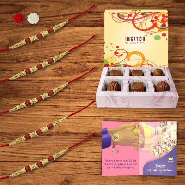 BOGATCHI 6 Chocolate Box 5 Rakhi Roli Chawal and Greeting Card A | Rakhi gifts | Rakhi with Gift Combo 